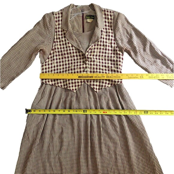 Stuart Allen Gingham Dress Womens Sz 8 VTG 70s USA Midi Vest Cottagecore Pockets - Picture 10 of 15